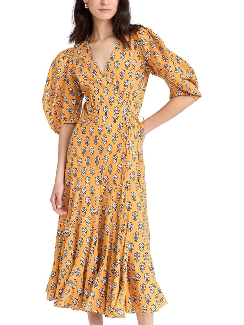 RHODE Mustard Floral Wrap Midi Dress with Puff Sleeves